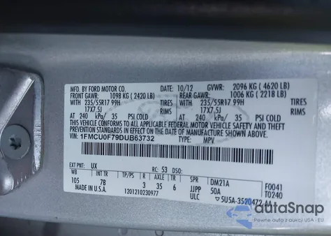 2013 Ford Escape S z USA, uszkodzony, nr VIN 1FMCU0F79DUB63732